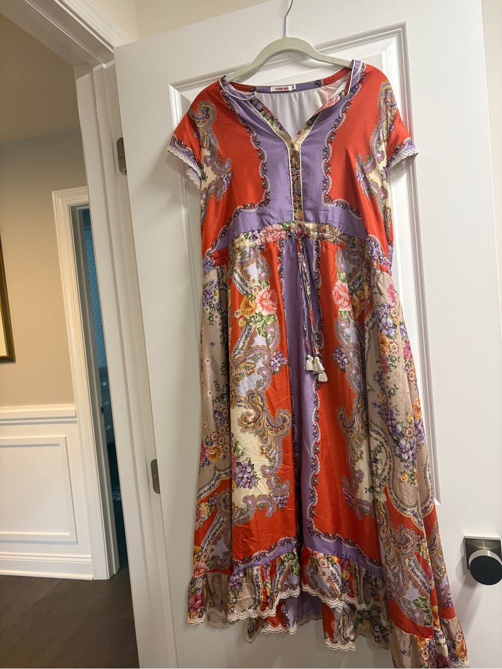 Johnny Was Lavender and Red Trim V-Neck Dress
